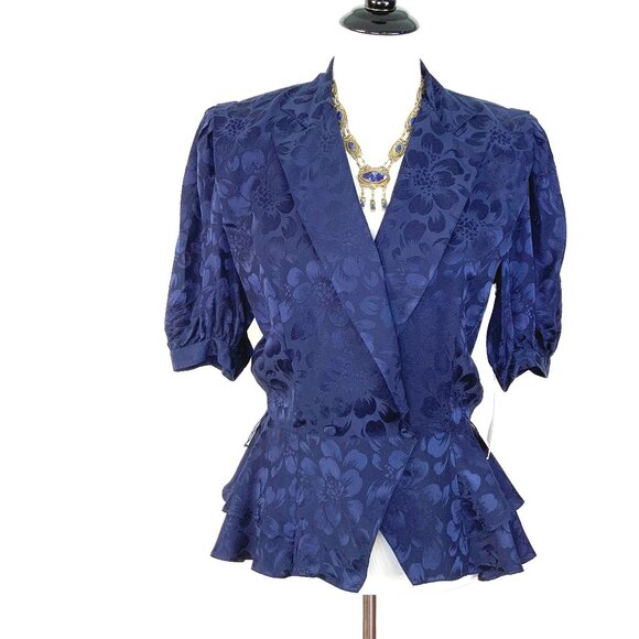 New Vintage Argenti Silk Floral Jacquard  Navy/Purple Peplum Blouse Size 8 - Picture 9 of 16